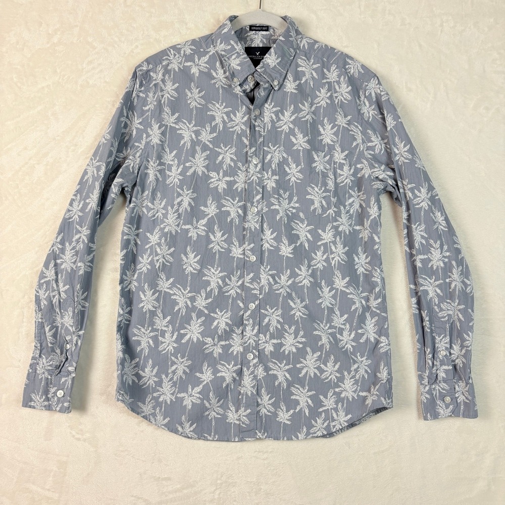 American Eagle Button Down Men Medium Blue Excellent Palm Tree Print Long Sleeve